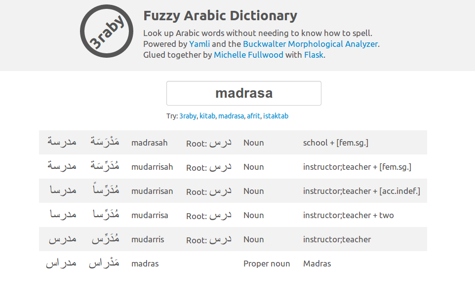 Screenshot of the Fuzzy Arabic Dictionary with the word 'madrasa'