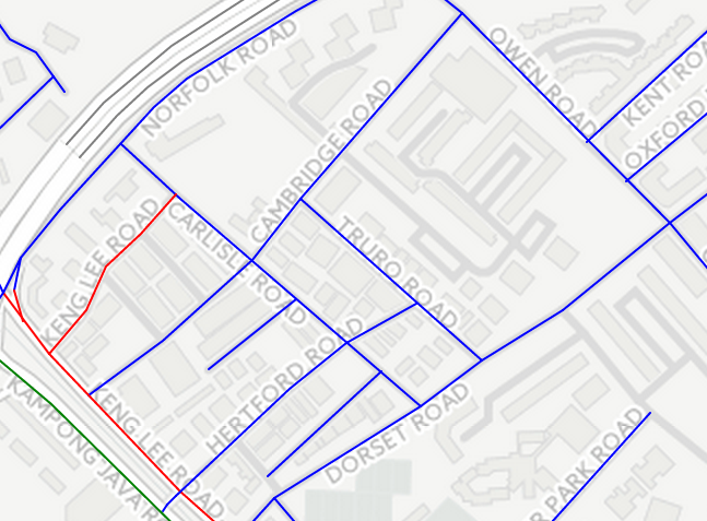 A cluster of British road names around Cambridge Road in Singapore, colour-coded for linguistic origin